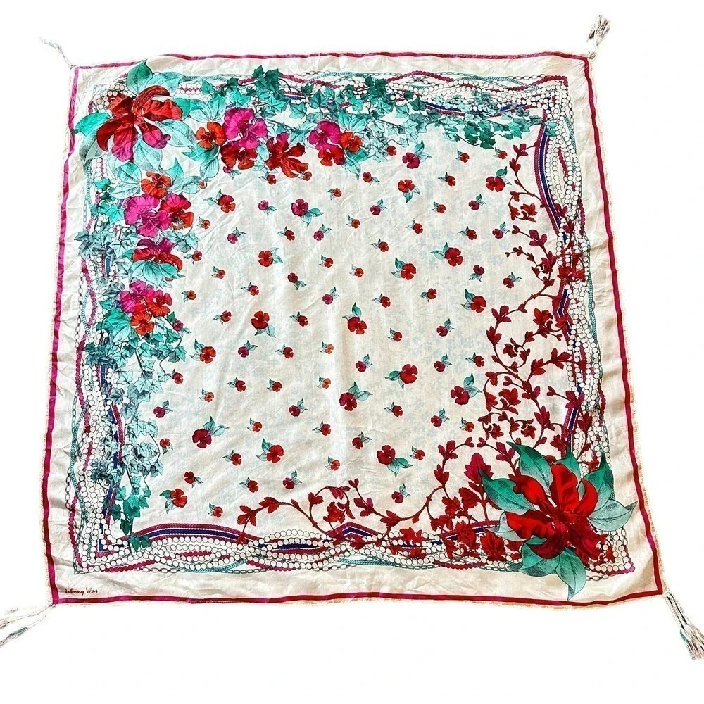 Johnny Was Large Silk Floral scarf shawl square Cover up oversized tassels pearl